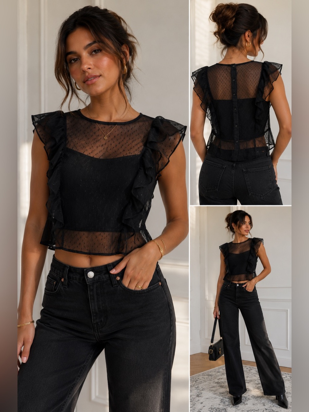 Zara Black Sheer Ruffle Blouse Button Back Romantic Mesh Dark Romantic Goth Top